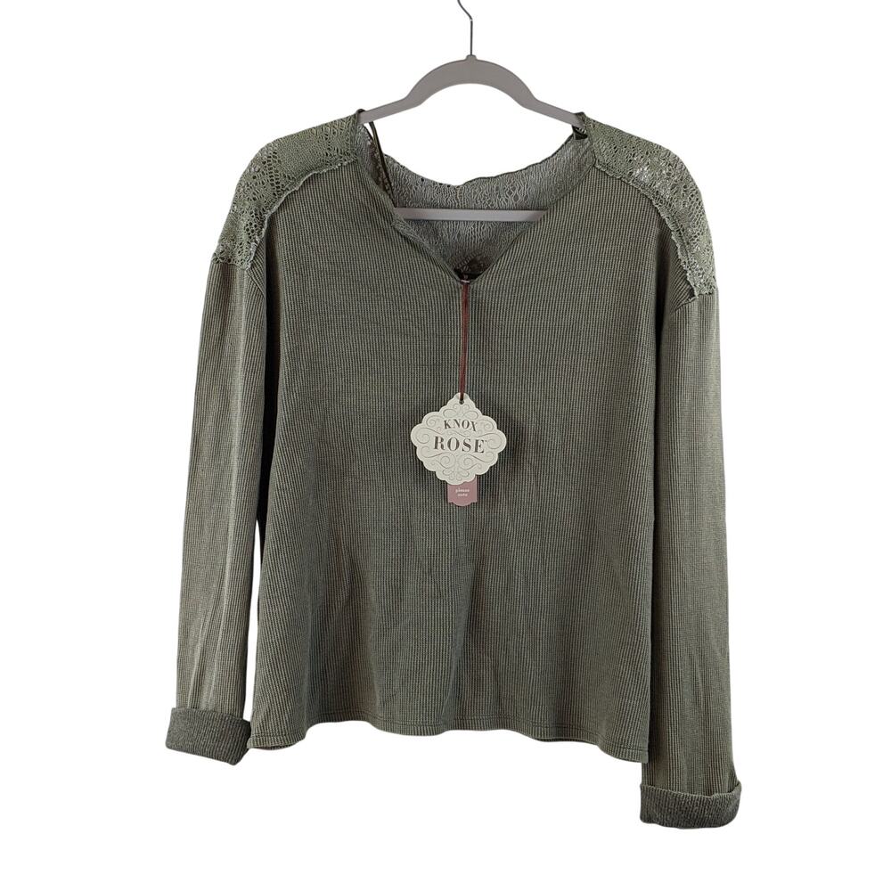 Knox Rose Thermal Lace Top‎ Long Sleeve Green S Layer Boho Split V Neck Cuffed